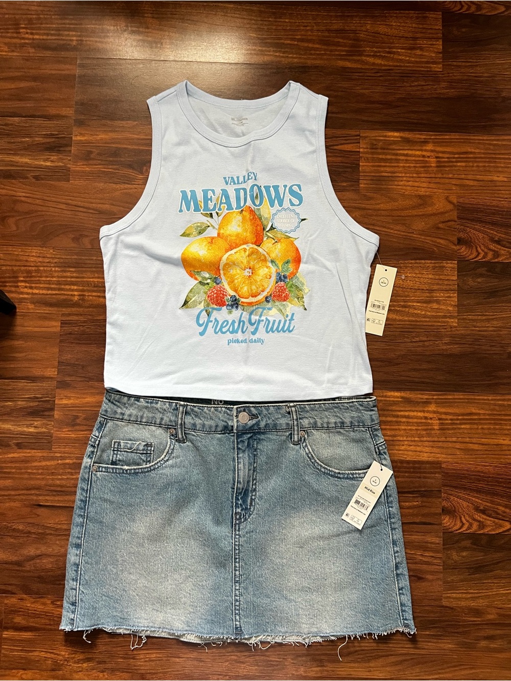 Light Blue Crop Tank with Bright Citrus Graphic and Jean Mini Skirt